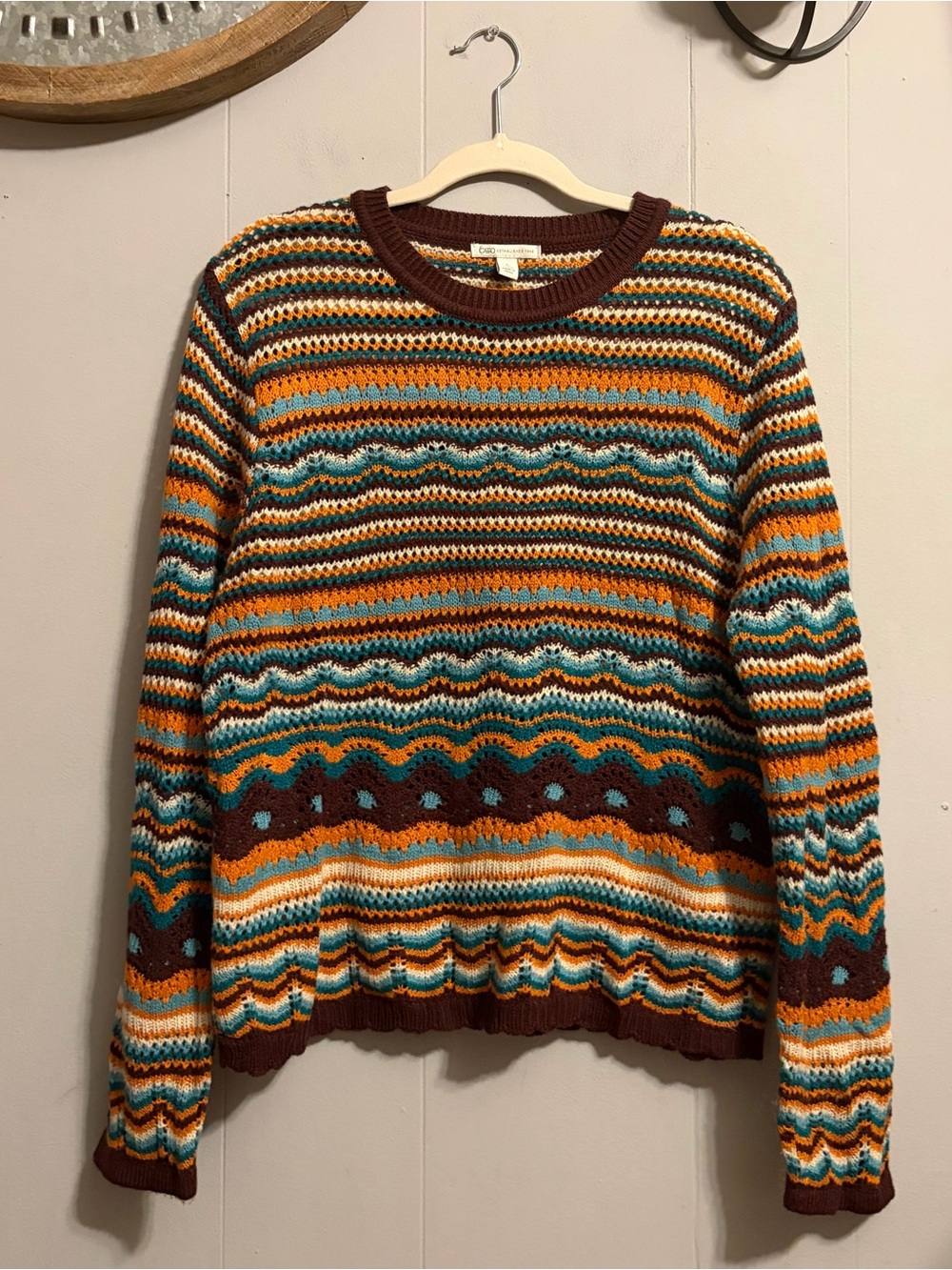 Cato Striped Crewneck Sweater in Brown, Orange, Turquoise, Cream